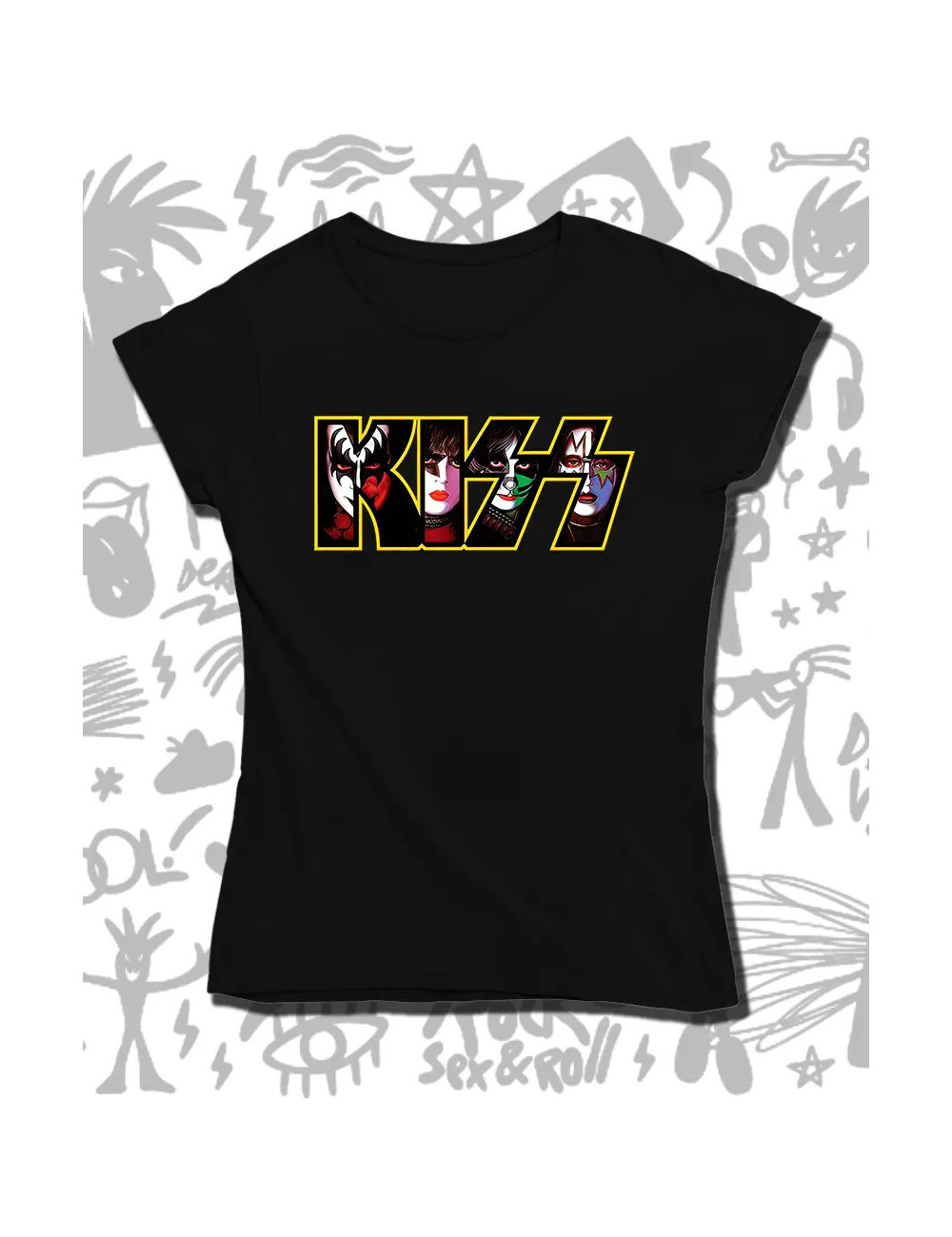 S PROMO TKiss Logo Faces Camiseta Negra Dama S