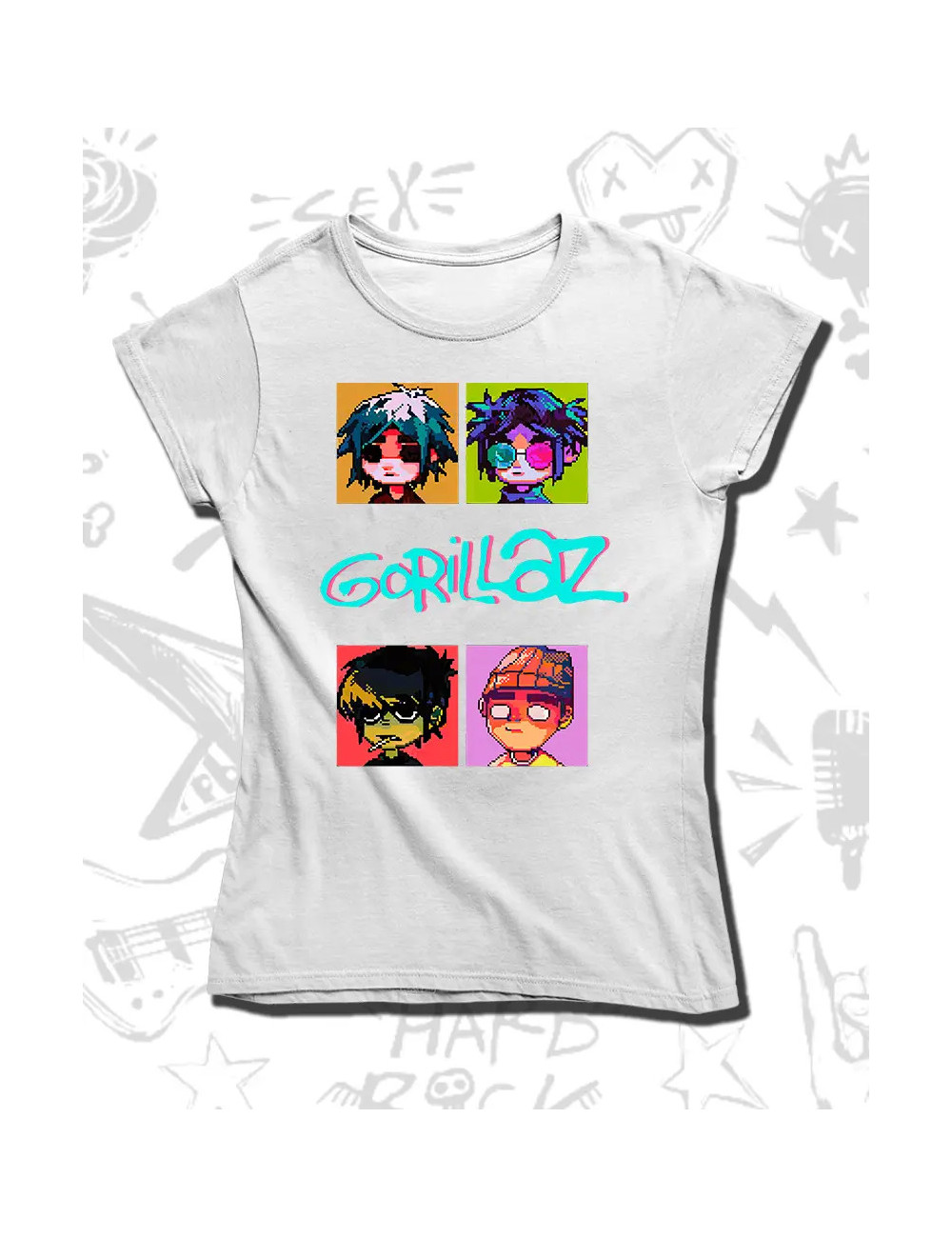 S PROMO Gorillaz Pixeles Camiseta Blanca Dama S